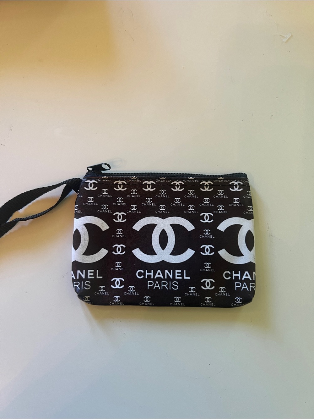 CHANEL Black and White Logo Wristlet Pouch
